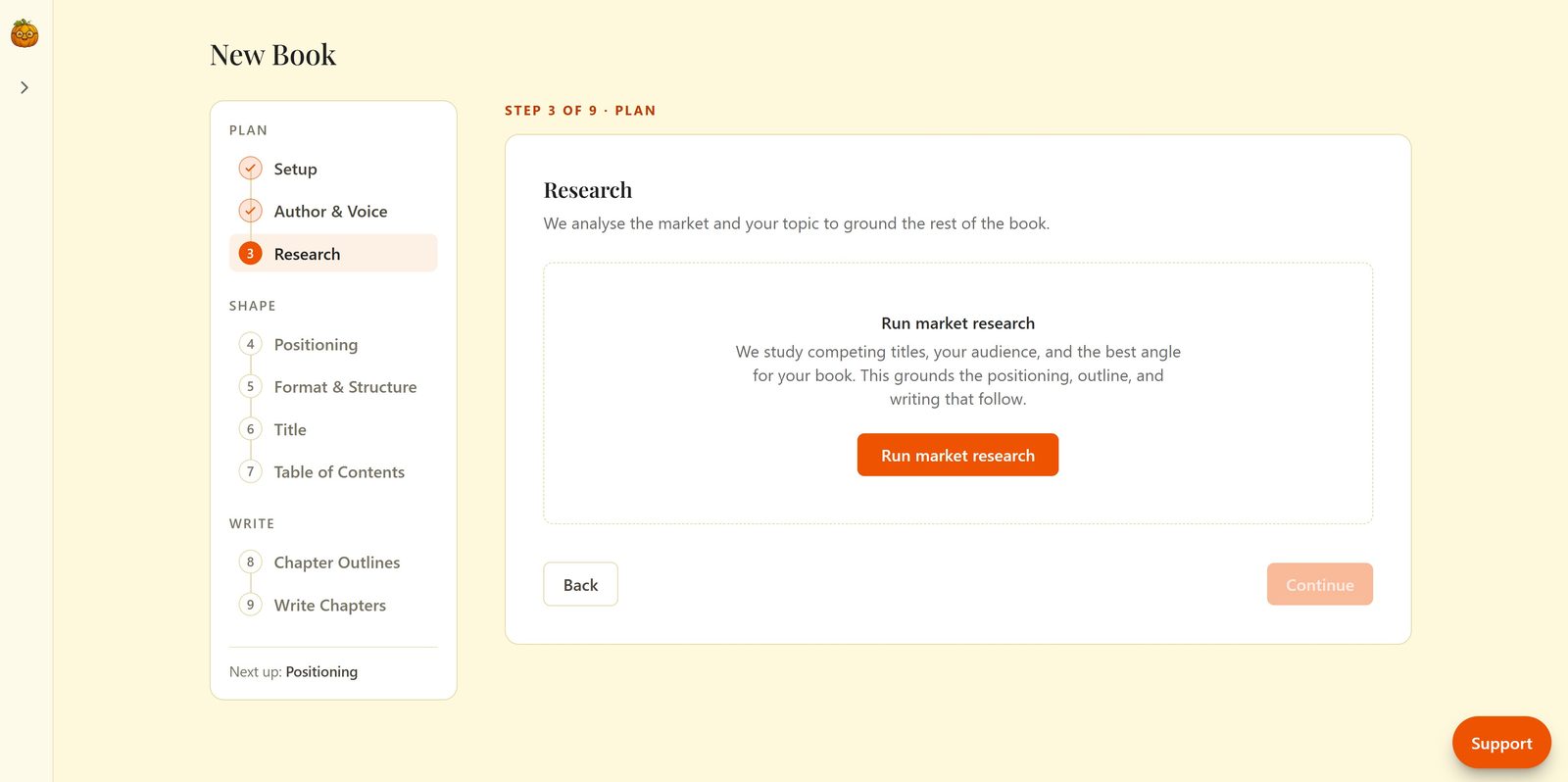 Pumpkin Writer new-book wizard on the Research step